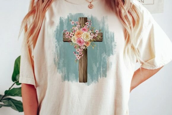 Floral Wood Cross Christian PNG for T-Shirt Designs