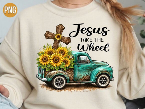 Jesus Take the Wheel Teal Truck PNG for T-Shirt Designs